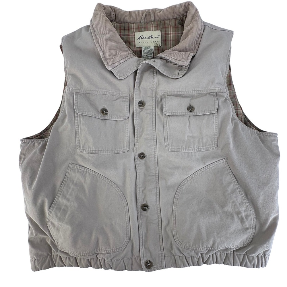 Vintage Eddie Bauer Mens Down Field Vest Tan Corduroy Collar Quilted Plaid XXL‎